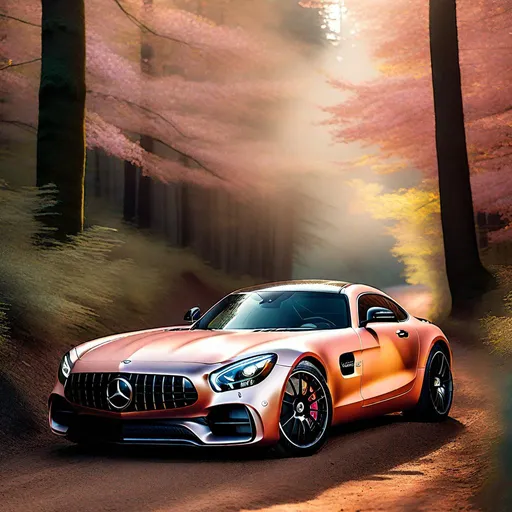 Prompt: Aim to capture a professional, high-quality photograph that exudes realism, detail, and the subtle interplay of light. The subject is a gleaming pearl peach pink Mercedes AMG GT, parked on a dirt road amidst a forest thicket.

The car sits slightly askew, its wheels subtly turned, showcasing the elegance of its design. The bodywork should be immaculately glossy, reflecting the surroundings with high fidelity. The vehicle has no license plates, adding a sense of mystery to the scene.

The setting sun filters through the dense trees, casting an enchanting rosy-orange glow on the scene. This should be captured with a high level of detail, highlighting the way the warm light dances off the car's polished surface, the rough texture of the dirt road, and the intricate patterns of the foliage around.

Complementing the serenity of the scene is a dust cloud, its particles illuminated by the setting sun, adding a layer of dreaminess to the image. The light should paint a radiant halo around the dust, creating an almost ethereal quality.

Emphasis should be given to the detailed capture of the light's effects, including the glossy reflections on the car, the atmospheric dust, and the sun-filtered forest backdrop. The photograph should evoke a sense of tranquil isolation, a moment of respite caught in the juxtaposition of natural beauty and mechanical elegance. It's not just a car in a forest; it's a statement of solace and grandeur in the heart of nature's cradle.