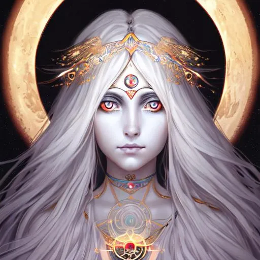 Prompt: A portrait of a beautiful moon goddess, glowing eyes, shining hair, symmetrical face, soft skin, 