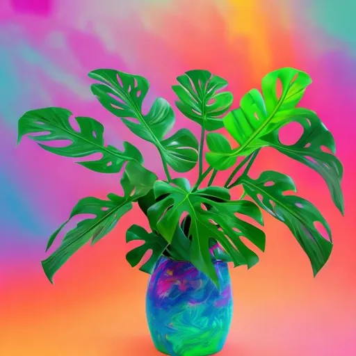 Prompt: Miniature Monstera in a vase in the style of Lisa frank