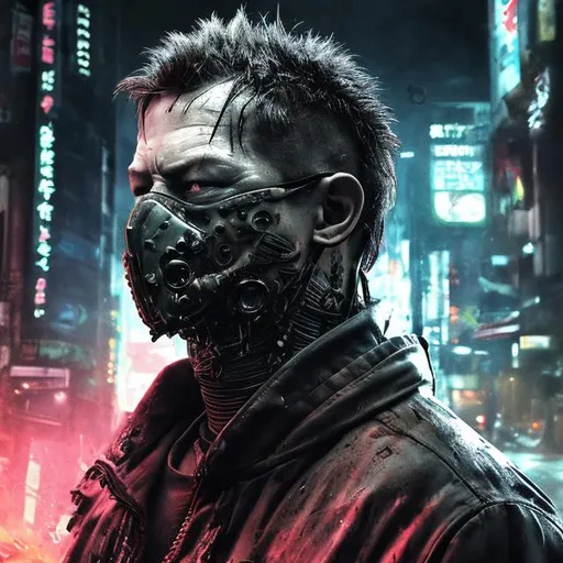Prompt: Villain. Future paramilitary style body uniform. Slow exposure. Detailed. mouth mask. Dirty. Dark and gritty. Post-apocalyptic Neo Tokyo. Futuristic. Shadows. Sinister. Armed. Brutal. Intimidating. Evil. Bionic enhancements. Fanatic. Intense. Heavy rain. Neck tattoo. Neon lights in background. Explosion. Burning car