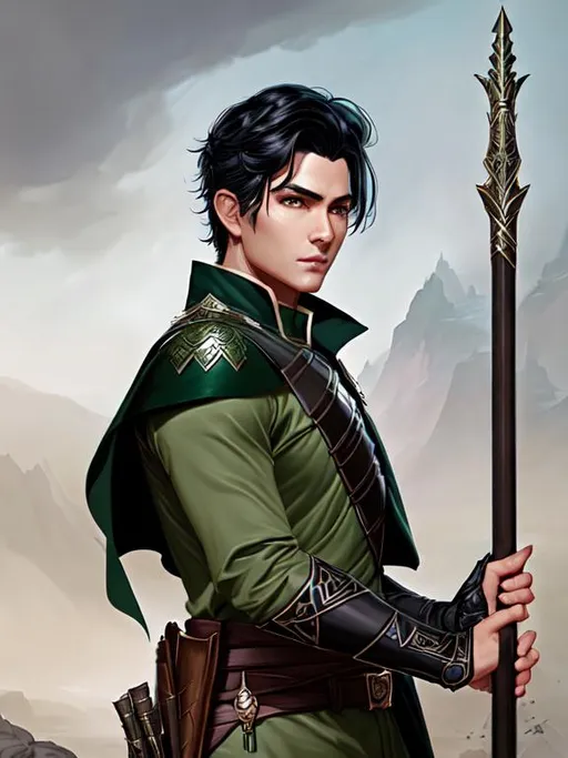 Prompt: Portrait of a male ranger with black hair, holding a staff, with a dark green cape, over grey scaled armor, fantasy, intricate, highly detailed, digital painting, trending on artstation, concept art, smooth, sharp focus, illustration art by Stanley Lau and greg rutkowski, unreal engine, 4k