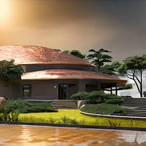 Prompt: modern design of beautiful detailed  2 story family house with a copper roof and intricate and artistic congolese minerals details with elements of precolonial Congolese inspiration inmodern kinshasa, volumetric natural light wakanda style, cinematic light, ultra realistic, vray, far view, perspective landscape