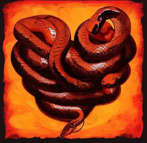 Prompt: One brown Snake body wrapped around a fat red  heart representing love. The body spirals around the heart Use texture music album cover painterly grunge style 
