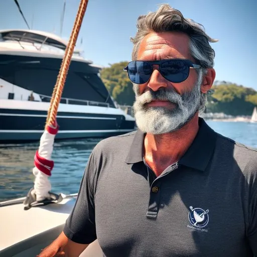 Prompt: photo of a confident, healthy, 45 year old, haired, grey bearded sailor looking magical and handsome wearing a black polo shirt and sun glasses
while pulling the anchor on a raceboat.



