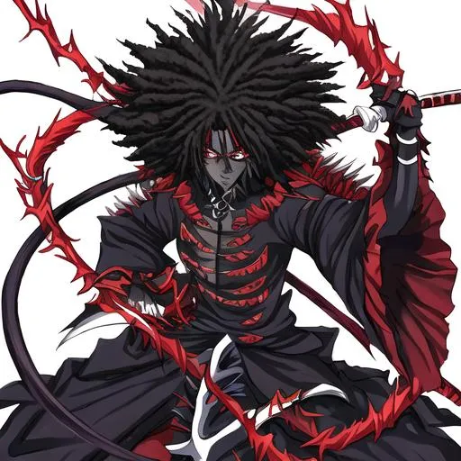 Prompt: Black african afro, shinigami with zanpakuto. Inspired from bleach. Well detailed face. 4k