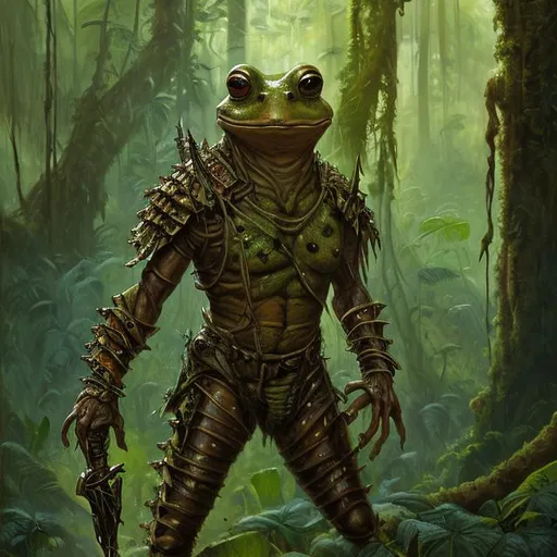 Prompt: Portrait painting, short frog-like humanoid warrior with leather armor, in the jungle, dull colors, danger, fantasy art, by Hiro Isono, by Luigi Spano, by John Stephens