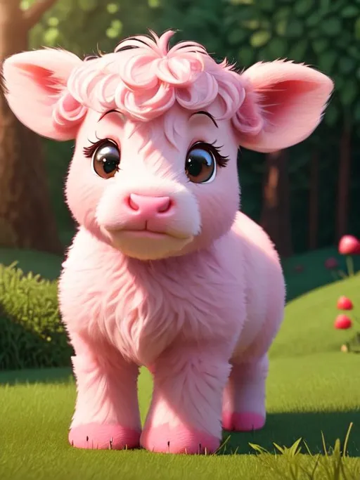 Prompt: Disney Pixar style pink highland calf highly detailed, extra fluffy, intricate, big eyes, adorable, beautiful, soft dramatic lighting, light shafts, radiant, ultra high quality octane render, daytime forest background, strawberry field  bokeh, hypermaximalist,