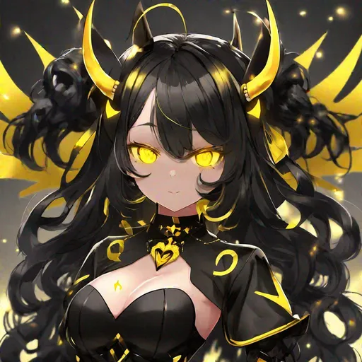 Prompt: Dark Inferno X Magical Transformation Girl, black costume with yellow ribbons and belts, golden heart gem, four glowing yellow horns, golden finger wave hairstyle, glowing yellow eyes, long black tail with yellow spikes, gold and black swords, black and yellow demon wings, masterpiece, best quality