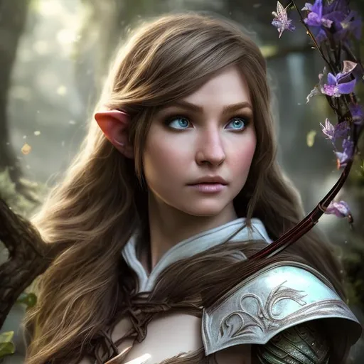 Prompt: Hyper realistic female, arcane archer, elf princess, starjewl, tree tunnel garden, waterfall background, white armor, brown hair, flowers in hair, rennassance
