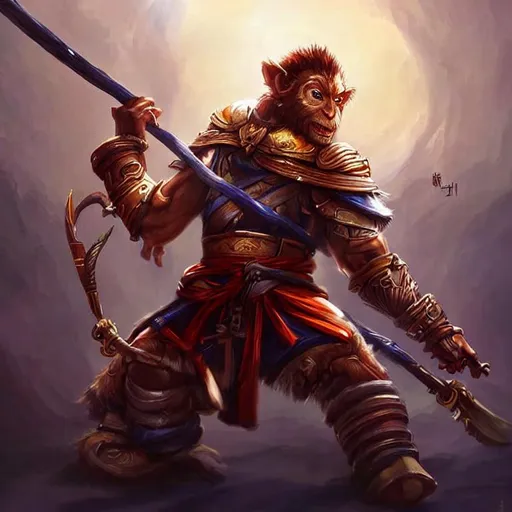 Prompt: Wukong seber warrior assasin ,digital painting, 3D hDR ,full beckground heven ,color whaite black and blue sky tunder,illustrasion oil painting