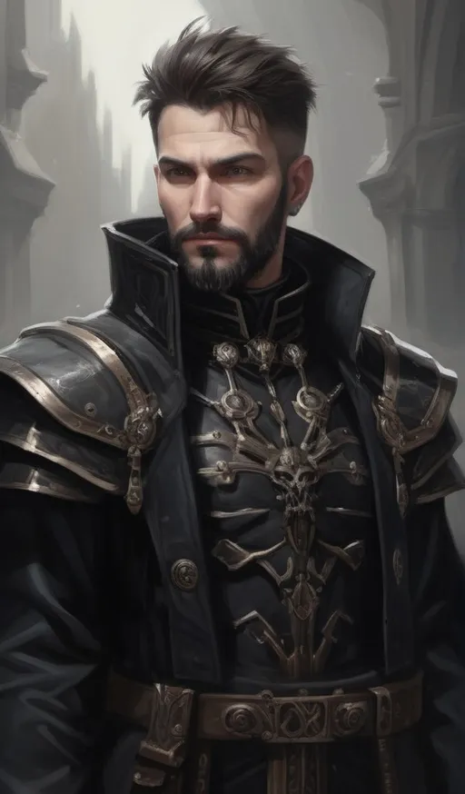 Prompt: ((Full-body)) oil painting of a male Warhammer 40k sanctioned psyker, (short thick brown hair), (styled full brown beard), worry lines, highly detailed piercing {brown eyes}, oil painting, intense gaze, wh40k, dark black clothing, painterly, painted, dark black gunmetal hi-tech psyker light armor, psyker epaulets, dark black gunmetal 40k psyker hi-tech gear, ((psyker)), Caucasian, (up-lit {up lit} {under lit} under-lit face), epic confident standing pose, {black duster trench-coat}, {black caped greatcoat}, {black military gaiters}, {black heavy-sole boots}, {black gloves}, {matte black psyker hi-tech (chest armor)}, highly detailed background, 40k imperium of man high gothic architecture background, Warhammer 40k, highly detailed facial features, soft art style, soft highlights, soft shadows, impressionist brushwork, {proportionate normal-sized forehead}