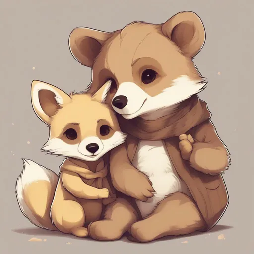 Prompt: anime style, cute, a bear cub with a fennec fox and a raccoon all sat together
