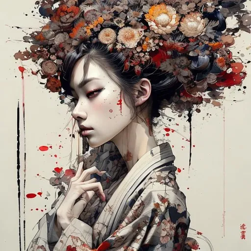 Prompt: Masterpiece, full body portrait best quality, beautiful caucasian woman wearing yukata, ink painting in the style of artists like Russ Mills, Sakimichan, Wlop, Loish, Artgerm, Darek Zabrocki, Takato Yamamoto and Jean-Baptiste Monge, primary colors with white highlights, half tone, sensual, hair blown by the wind, Hokusai wave background, ukiyo-e style by Tomer Hanuka and Atey Ghailan and Roy Lichtenstein and Maxfield Parrish, expressive, in the style of official art, gorecore, koi fish and avian-themed, dark yellow and light black, oshare kei, full body.Vector, Cell shade
