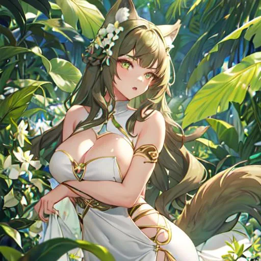 Prompt: Exotic plants on green planet. A young lady that has wolf ears and a tail. Light skin, emerald eyes, plump lips, toned body. SHE HAS wavy BROWN hair that's long. Wearing white dress. Facing to the right side. She holds white flowers.