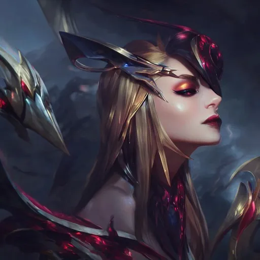 Prompt: Evelynn from LOL inspired, detailed face, highly detailed, by greg rutkowski.