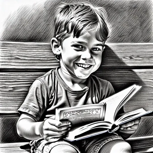 Prompt: pencil art, Child, joyful, sitting on bench, holding book,
black and white, looking into the camera, sketch,
intricate details