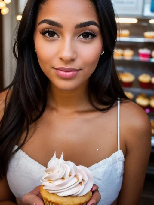 Prompt: beautiful woman,browns eyes, black hair, in a pastry shop, glowing light that illuminates her face, eating cupcake