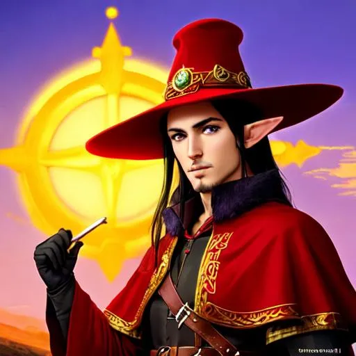 Prompt: An Elf wearing red and gold spanish inquisition/viking clothes, with a wide red sun hat, with black leather gloves, black hair, purple eyes, a long goatee.