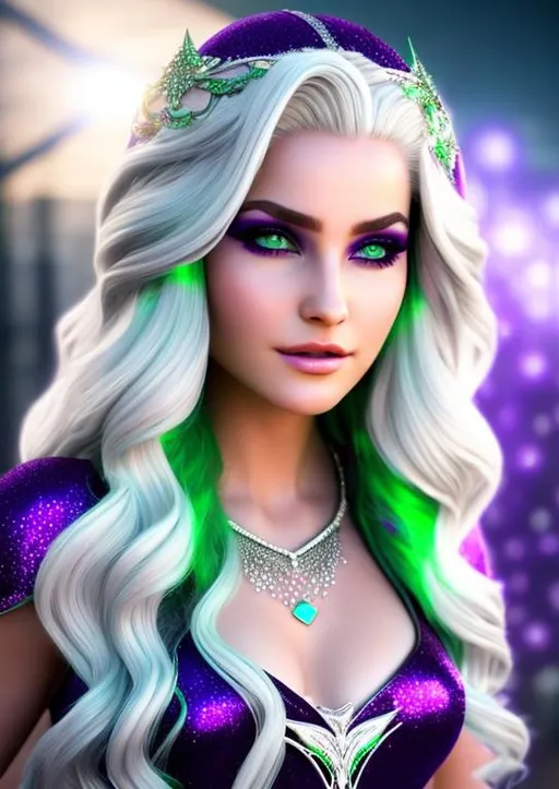 Prompt: High-resolution hyperrealistic photo of clea-the-sorceress-supreme merged with amora-the-enchantress, {platinum-blond hair}, purple and green costume, photorealistic, highly detailed, uhd, hdr, 64k