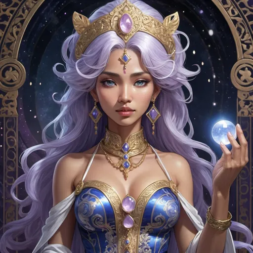 Prompt: tarot card anime illustration of a wise kunzite-haired bare chested Cambodian woman, dressed like a magician in a detailed ornate kunzite and moonstone costume, she has a look of desire on her face, detailed facial features, dramatic lighting, manifestation of creation, tarot card style, detailed lapis lazuli eyes, professional, highres, ultra-detailed, rejuvenation, dramatic lighting, ornate costume, magician, intense gaze, radiant color palette, ornate details, mystical atmosphere
