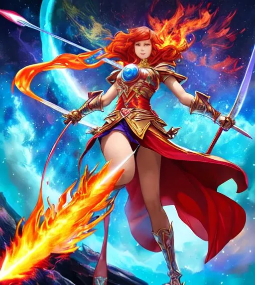 Prompt: Flaming,sword, into cosmic space,magic, strong woman,future,explode