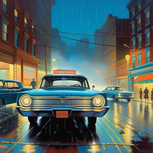 Prompt: 1960s, Pittsburgh at night, neon, car chase, rain, fog, cold blue atmosphere, cartoony style, extremely detailed painting by Greg Rutkowski and by Henry Justice Ford and by Steve Henderson 

