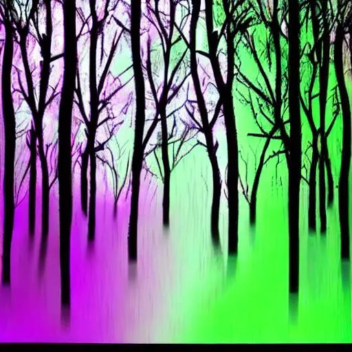 Prompt: dark high contrast black and green and purple magical forest