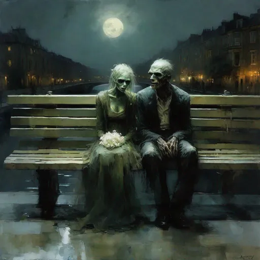 Prompt: "portrait of Moonlit beautiful couple of zombies in love sitting on a bench: sad, dramatic, eldritch,  moon, waiting on a bridge, holding white flowers in the night, ominous, whimsical,  watercolour art by Jeremy Mann: nekro: oil painting: high contrast: 3D: ultra fine_art: dramatic lighting: Van Gogh, fantasy: sharp focus: pencil sketch: professional photography: ZBrushCentral: finalRender: Unreal Engine 5: Deep colors: depth of field: Trending on Artstation, by Amina Bouraoui

