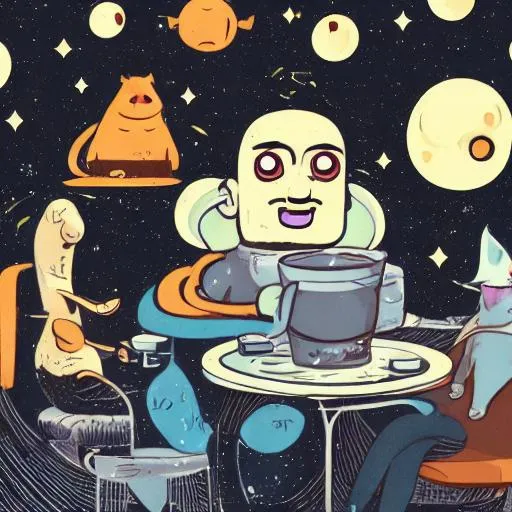 Prompt: a lot of different animated creatures drinking coffee in space in a cafe, eerie atmosphere, people smoking and on laptops, wide angle, between stars and galaxies 