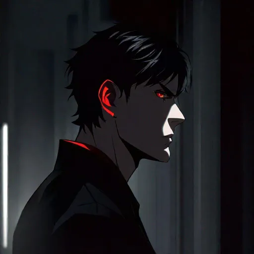 Prompt: Damien (male, short black hair, red eyes) stalking someone, lurking in the shadows with sadistic look on his face