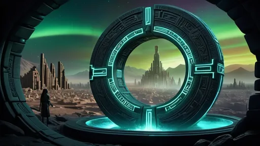 Prompt: magical portal between cities realms worlds kingdoms, circular portal, ring standing on edge, upright ring, freestanding ring, hieroglyphs on ring, complete ring, ancient aztec architecture, atlantis setting, aurora borealis, panoramic view, dark night, futuristic cyberpunk tech-noir setting