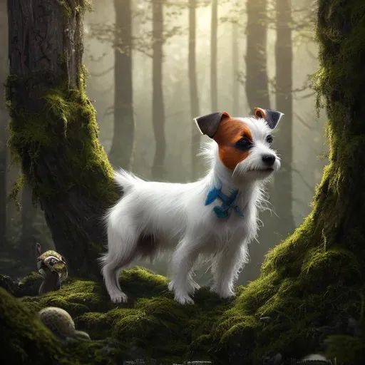 Prompt: realistic, hyper detailed, tricolor Jack Russell terrier, tail up, walking in the ancient forest, dark , gothic, tall trees around with moss, glamorous, immaculate HDR, UHD, high res, 64k, cinematic lighting, special effects, hd octane render, professional photograph, studio lighting, trending on artstation, perfect studio lighting, perfect shading. Model: DreamShaper V8