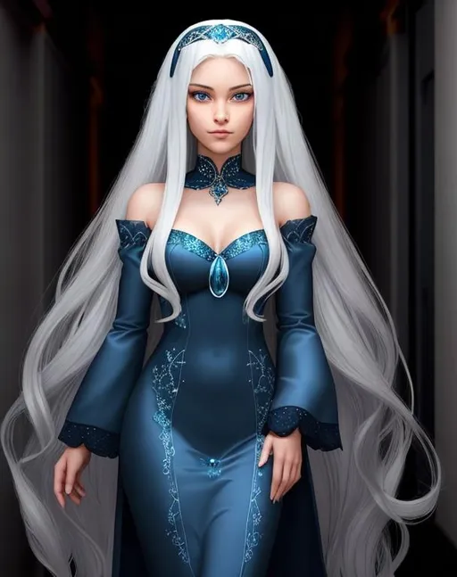 Prompt: A beautiful young 15 year old ((British)) Water elemental princess with light skin and a beautiful face. She has long white hair and white eyebrows. She wears a beautiful slim dark blue dress. She has brightly glowing dark blue eyes and water droplets shaped pupils. She wears a blue tiara. She has a blue aura around her. She is standing in a hallway in a castle with a window behind her. The room is brightly lit. Beautiful scene art. Scenic view. Full body art. {{{{high quality art}}}} ((goddess)). Illustration. Concept art. Symmetrical face. Digital. Perfectly drawn. A cool background. Five fingers. Full view 