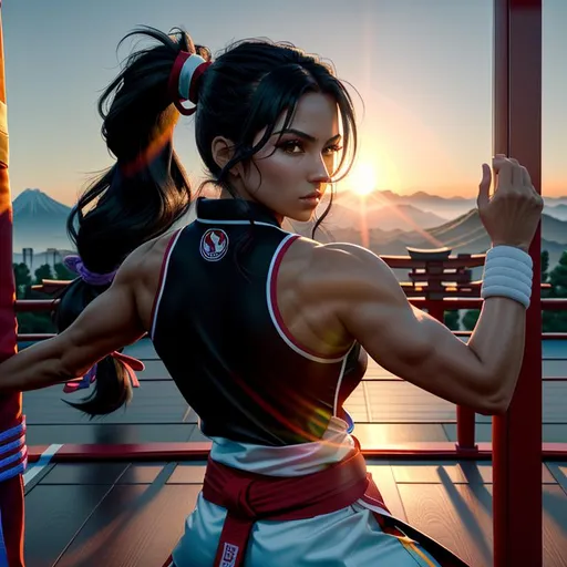 Prompt: {center shot} 3D, HD, Epic, Heroic, Stunning, Vibrant, ["A fiercely determined {Mexican}Female!!! with long black hair that is pulled up in a pony tail) {facing camera} is dressed in {Karate Blackbelt outfit} and fighting {bodybag}"], Expansive sunset at a Japanese Dojo background, ultra-detailed, backlit, shadows, ultra-sharp focus, detail, ominous, golden ratio, intricate, cinematic character render, 64K --s98500