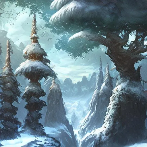 Prompt: a continent floating in the sky and covered in snow, fantasy concept art, colorful, with a forest around the rim, digital art
