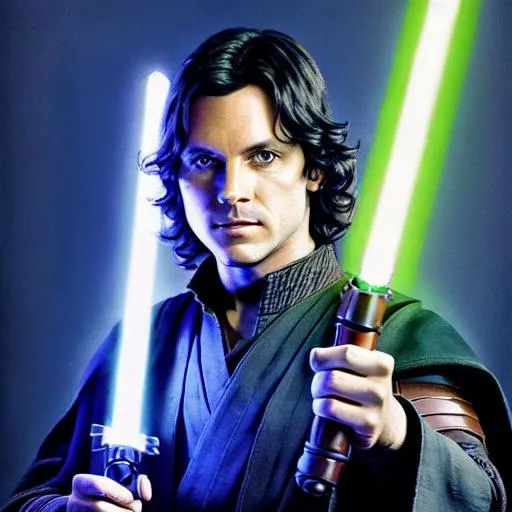 Prompt: Insanely detailed Portrait photograph of intricate  {{All skywalker}} jedi, with lightsaber sword,  from The Mandalorian tv show) hands, character art, 8 k 