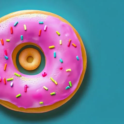 Prompt: Large Donut with pink icing and sprinkles shaders made out of cake lit by warm sunlight, digital art