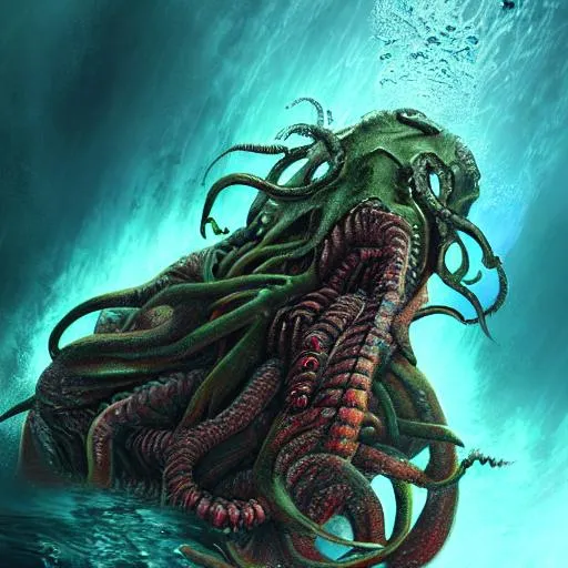 Prompt: deep sea, diving, alone, scarry, horror, Cthulhu, HP Lovecraft monster, realistic, first person view, looking down, 4k, full color