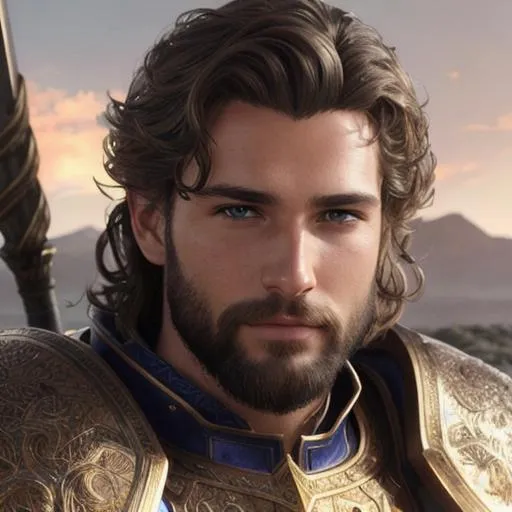 Prompt: Realistic full-body photo of a very handsome paladin in plate-mail with short sandy brown wavy hair and a short wavy beard, very detailed eyes, UHD, 64K, sharp focus, intricate details, highly detailed, by greg rutkowski