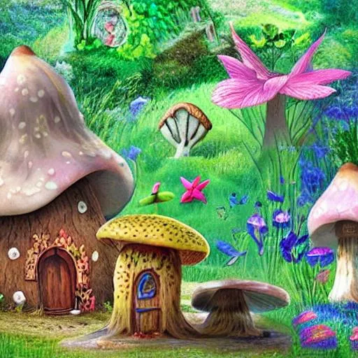 Prompt: Pretty fairy and a mushroom house