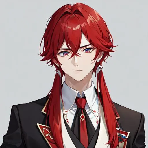 Prompt: Zerif 1male (Red side-swept hair covering his right eye) wearing a royal suit