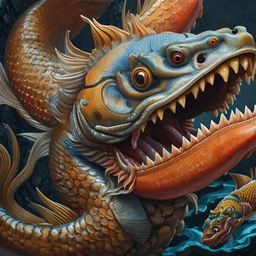 Prompt: Museum exhibit of 3d protection of Close-up picture on the wall painting of a fire-breathing,close up, Japanese carp fish in the magic water, soft lighting, 8k resolution, hyper detailed, cinematic, deep lighting, Ukiyo-e hyperdetailed Unreal Engine dynamic lighting,Splash art, trending on Artstation