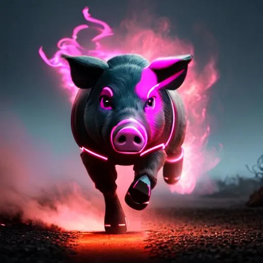 Prompt: a photo of a black and (((glowing robotic pink))) running pig, full body view, ((2 legs)), fierce, highly detailed, detailed face, ((night)), foggy, smoke, black charred wasteland, glow blue eyes, side 3d position, cinematic, 4k, epic Steven Spielberg movie still, sharp focus, emitting diodes,