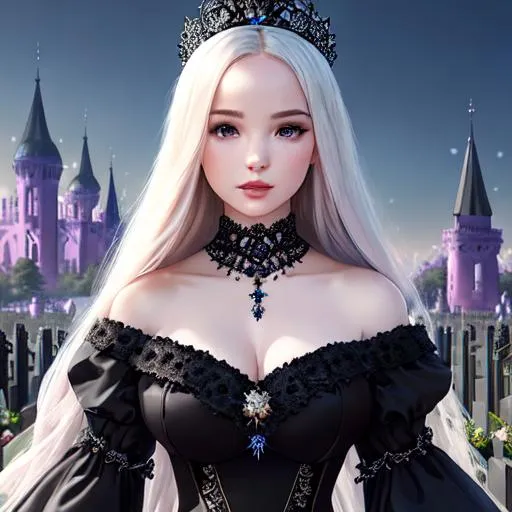 Prompt: Dove Cameron, Hyper realistic, detailed face, casting dark magic spells, battlefield ethereal black blue lace royal princess two piece dress, floating city in background, jewelry set, shoulder length straight  hair, cemetery and black flowers  in the background, royal vibe, highly detailed, digital painting, HD quality, pale skin, artgerm, by Ilya Kuvshinov 

