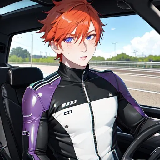 Prompt: Erikku male (short ginger hair, freckles, right eye blue left eye purple) muscular, riding a motorcycle. UHD, 8K, Highly detailed, wearing biker gear, driving on the freeway, insane detail, best quality, high quality