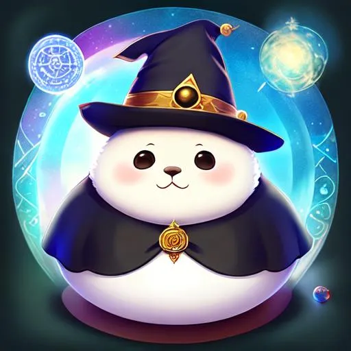 Prompt: (((fat round seal))) wearing (((wizard hat))), (((fluffy))) art style of sam yang and james jean! cute (((magic))) (((witchcraft))) (((spells))) surrealism, magic