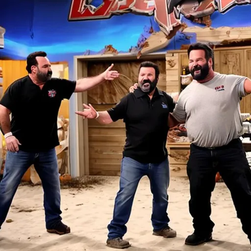 Prompt: Billy Mays battling Phil Swift on TLC reality television show