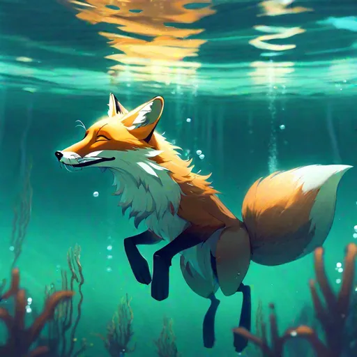 Prompt: Anthropomorphic fox breathing underwater