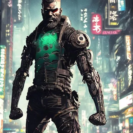 Prompt: New bearded friendly Superhero. Futuristic. Bionic limbs. Black and neon. Gritty. Exhausted. Tattered and bruised. Anime. Neo tokyo. Hero costume. Unlike known superheroes. Armoured. 