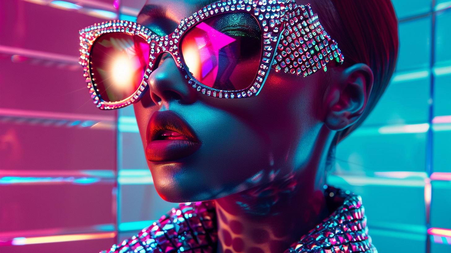 Prompt: Futuristic woman portrait, adorned in shimmering, iridescent garments and accessories. Her oversized, intricately patterned sunglasses reflect a grid mirroring the backdrop. The luminous digital hues seamlessly merge with her attire, while her bold red lips provide a striking contrast against the vibrant color palette. Raw, unedited photograph.